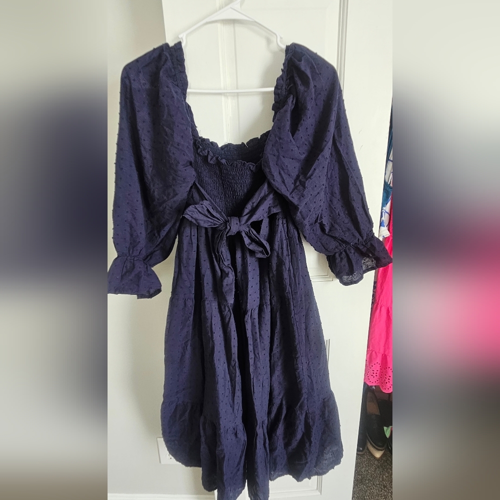 Navy Blue Textured Dress with Bow Detail